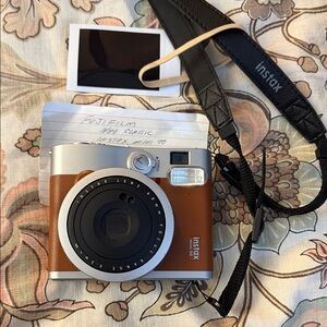 Fujifilm Instax Mini 90 Instant Camera Brown & Silver rechargeable battery/strap